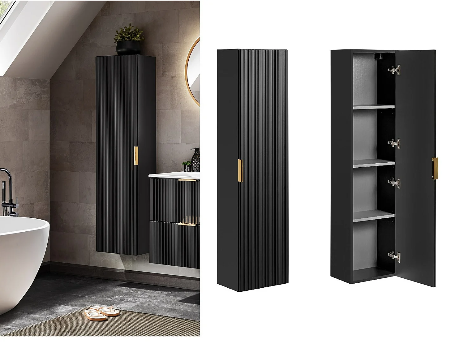 Tall Bathroom Cabinet Wall Cupboard Slim Storage Unit Black Ribbed Fluted Tallboy Floating Furniture Adel