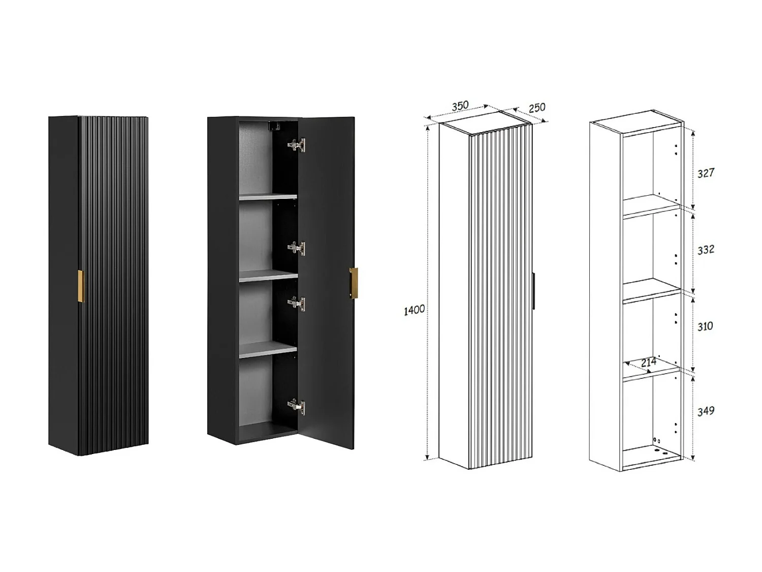 Tall Bathroom Cabinet Wall Cupboard Slim Storage Unit Black Ribbed Fluted Tallboy Floating Furniture Adel