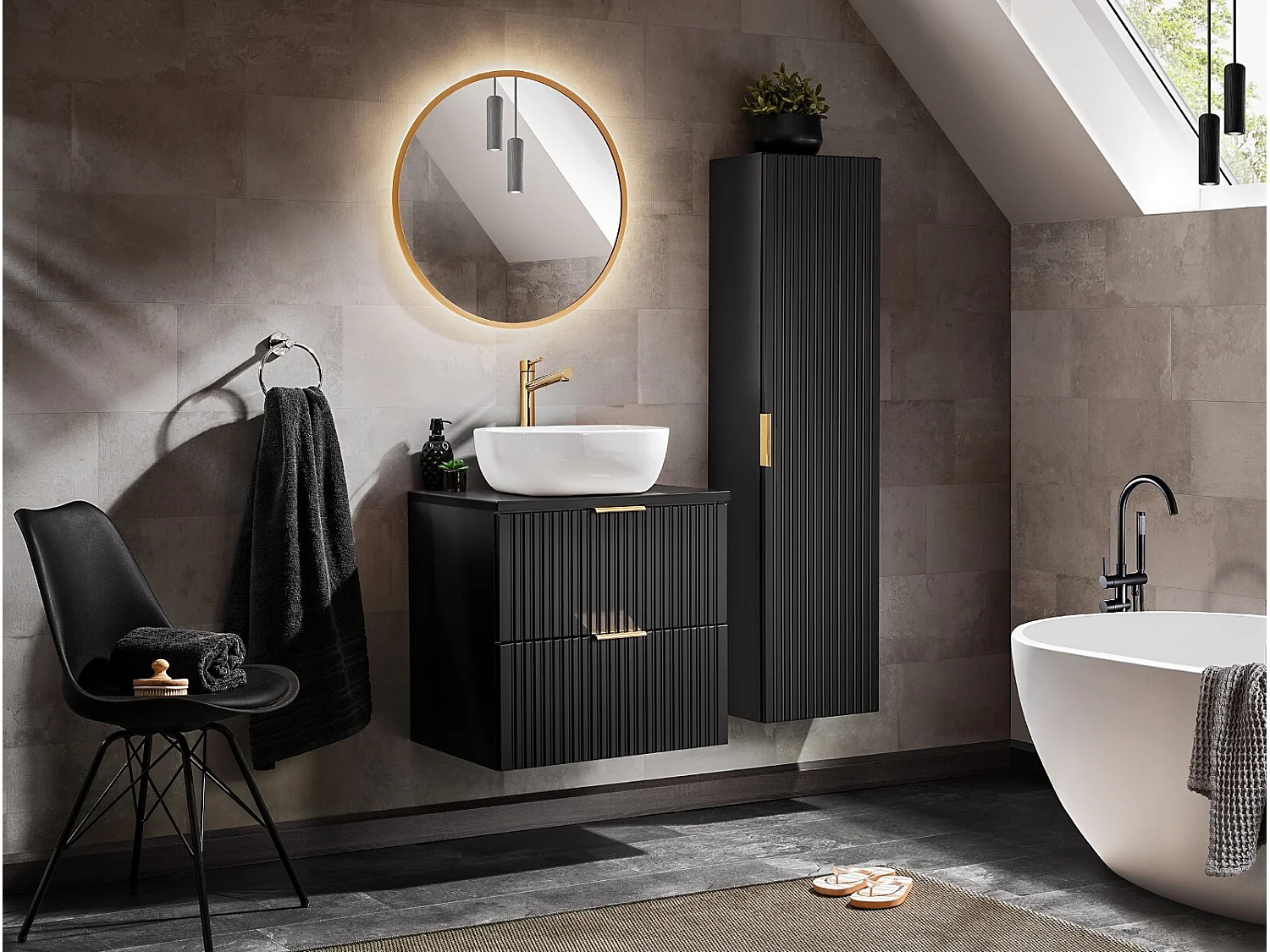 Tall Bathroom Cabinet Wall Cupboard Slim Storage Unit Black Ribbed Fluted Tallboy Floating Furniture Adel