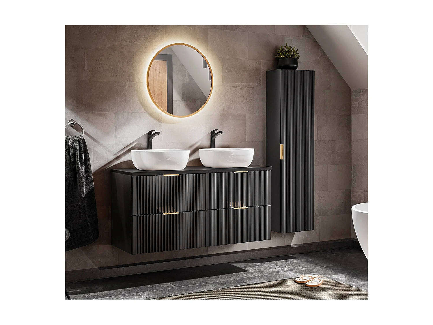 Tall Bathroom Cabinet Wall Cupboard Slim Storage Unit Black Ribbed Fluted Tallboy Floating Furniture Adel