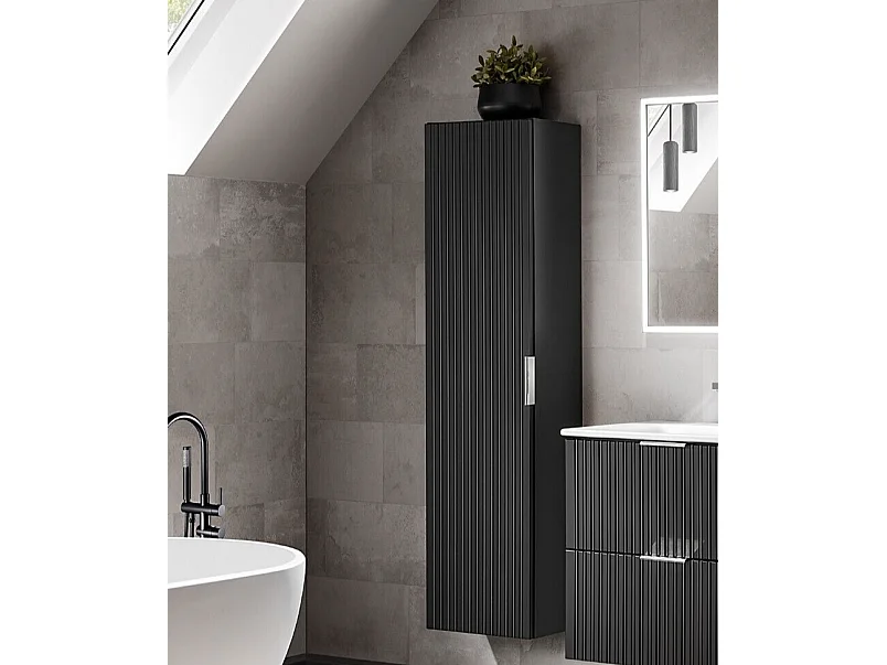 Tall Bathroom Cabinet Wall Cupboard Slim Storage Unit Black Ribbed Fluted Tallboy Floating Furniture Adel