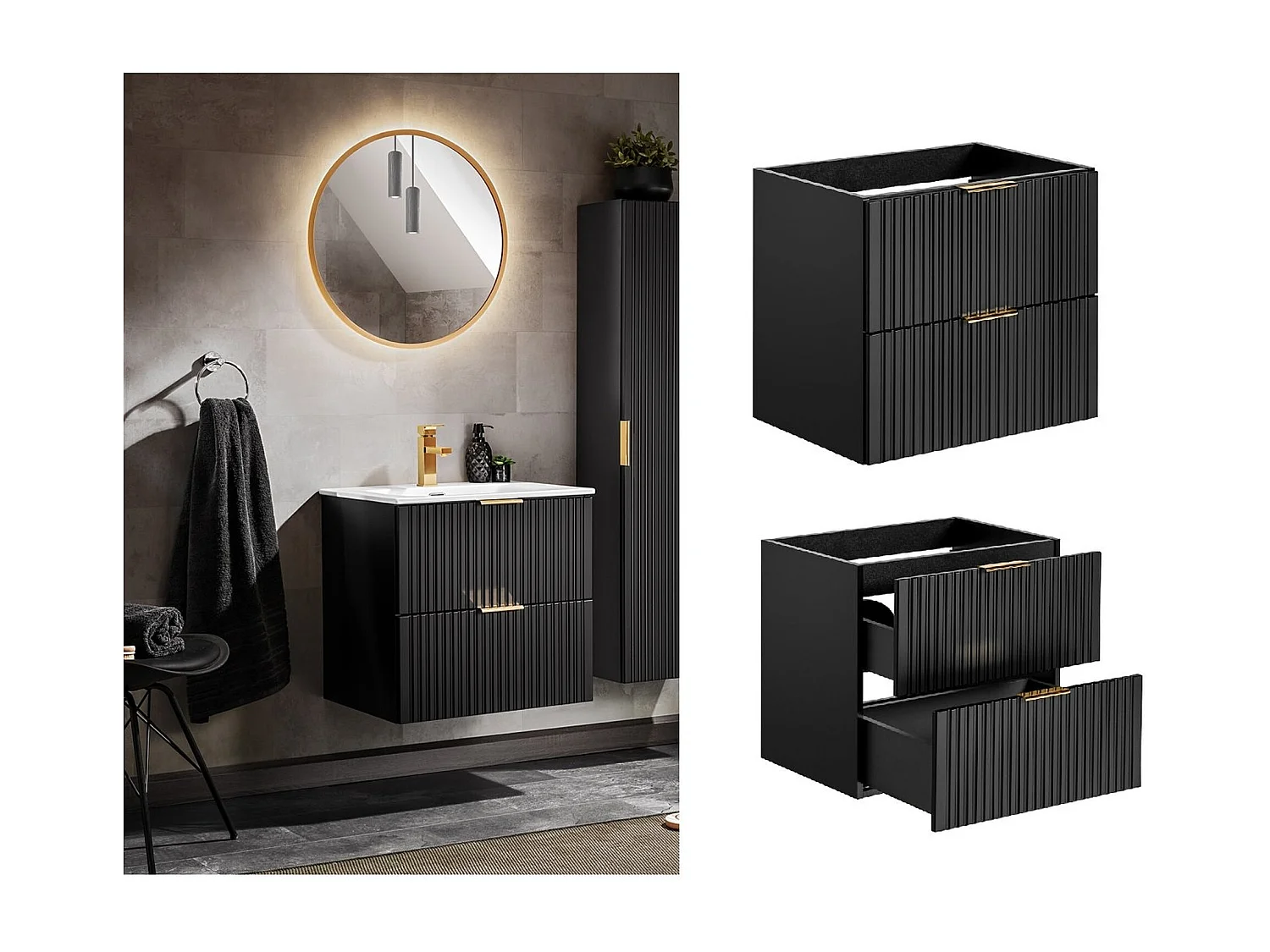 Wall Hung Vanity Unit 600mm Black Bathroom Cabinet with Drawers Ribbed Fluted Floating Adel