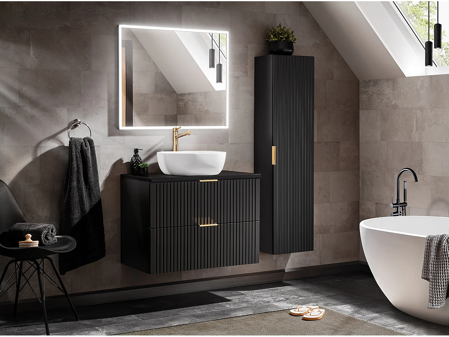 Bathroom Vanity Unit Drawer Cabinet 800mm Black Floating Wall Hung Ribbed Fluted Modern Sink Unit Adel