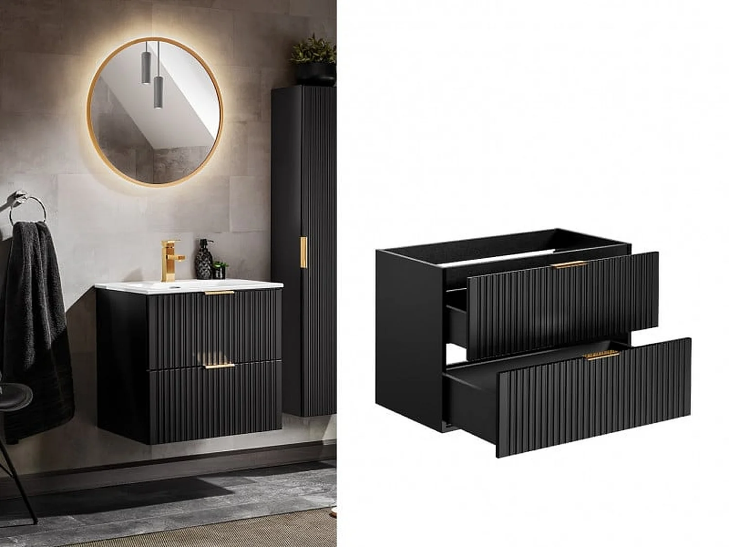 Bathroom Vanity Unit Drawer Cabinet 800mm Black Floating Wall Hung Ribbed Fluted Modern Sink Unit Adel