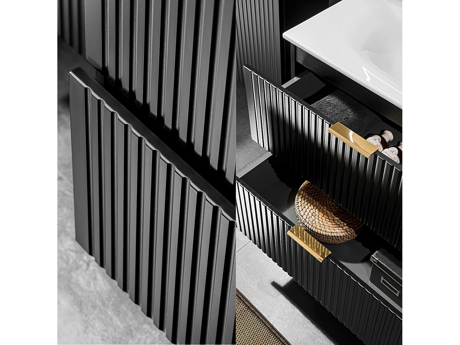 Bathroom Vanity Unit Drawer Cabinet 800mm Black Floating Wall Hung Ribbed Fluted Modern Sink Unit Adel