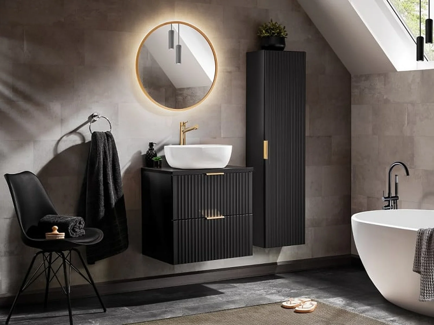 Bathroom Vanity Unit 600mm Countertop Ribbed Fluted Black Modern Wall Hung Cabinet with Drawers Adel