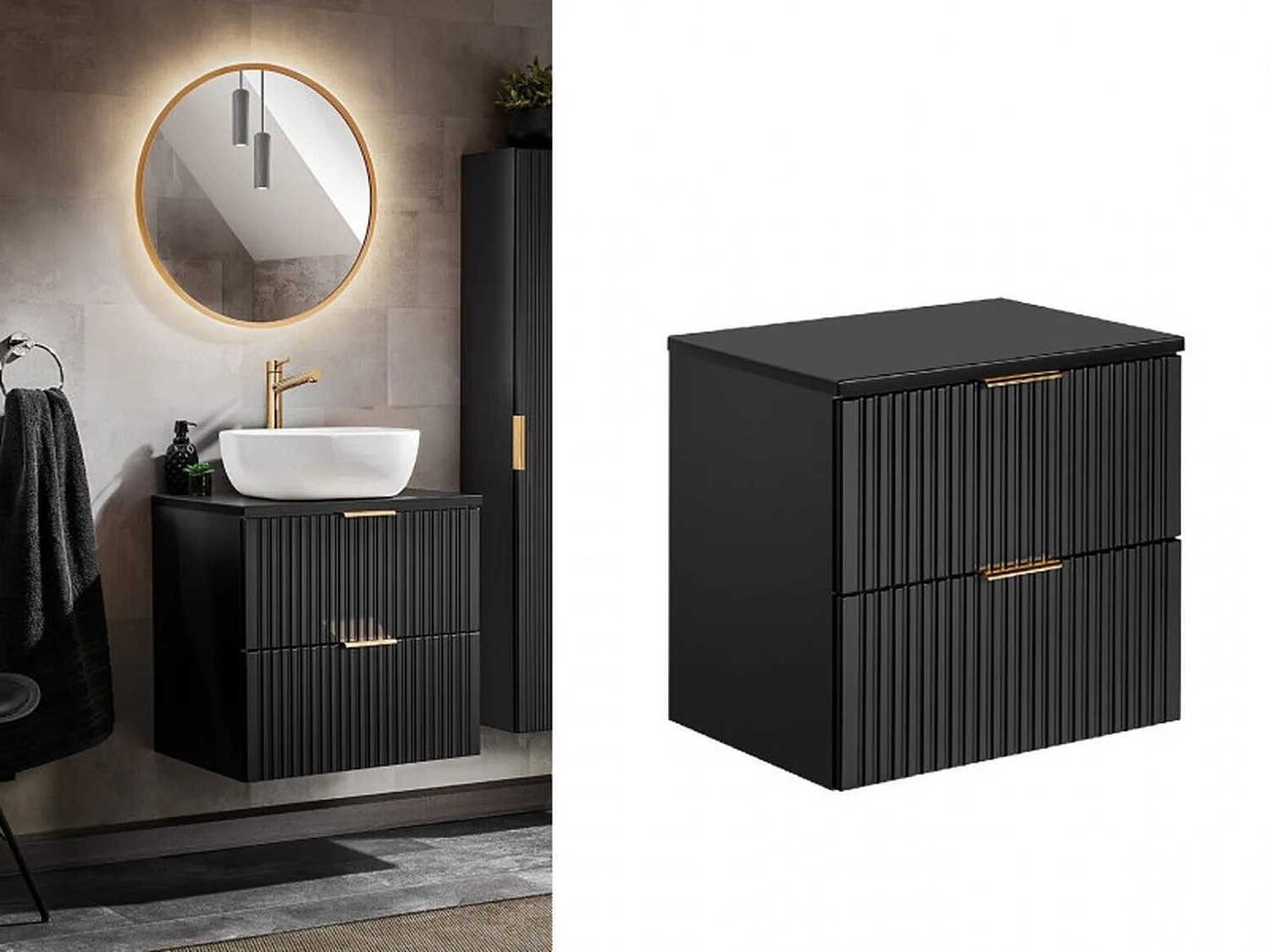 Bathroom Vanity Unit 600mm Countertop Ribbed Fluted Black Modern Wall Hung Cabinet with Drawers Adel