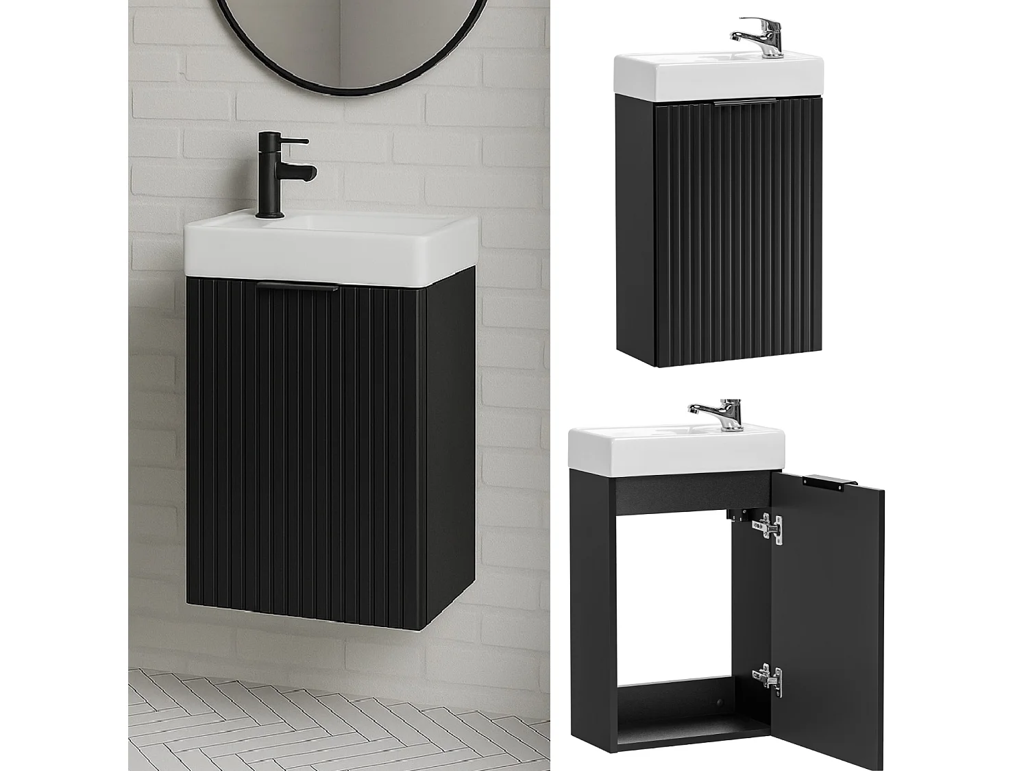 Cloakroom Vanity Unit with Small Sink Slimline Black Wall Hung Fluted 400mm Narrow Bathroom Cabinet Adel