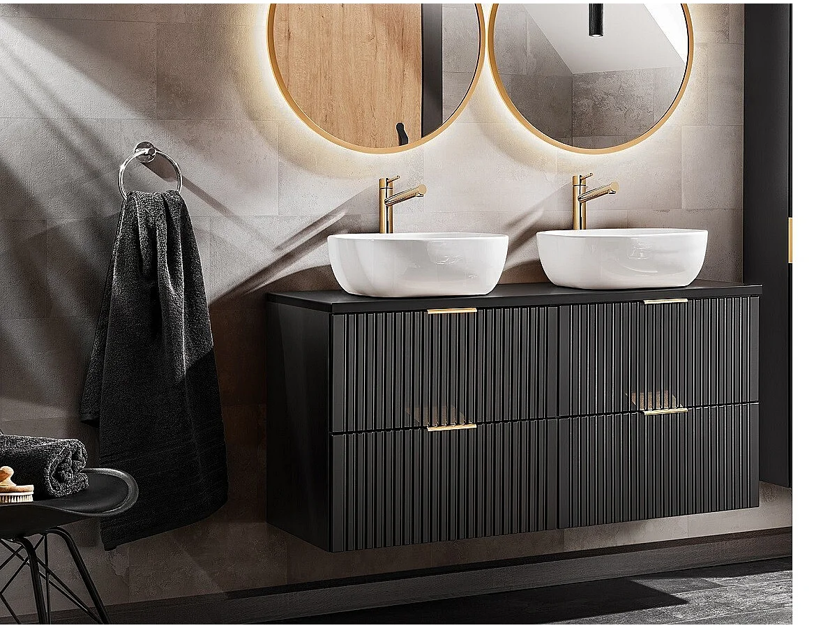 Bathroom Double Vanity Unit with Basins 1200mm Countertop Worktop Fluted Black Wall Hung Sink Cabinet Adel