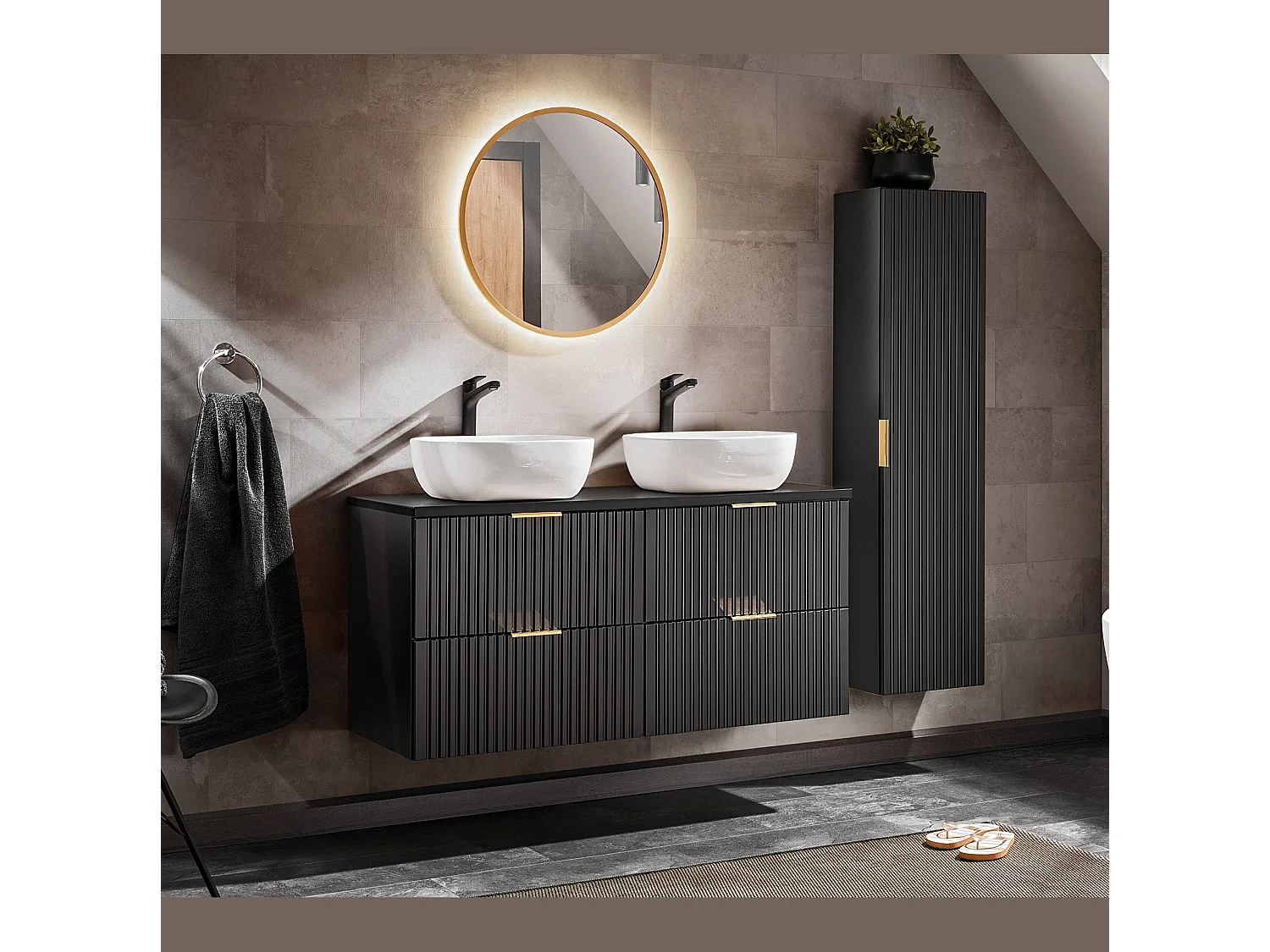 Bathroom Double Vanity Unit with Basins 1200mm Countertop Worktop Fluted Black Wall Hung Sink Cabinet Adel