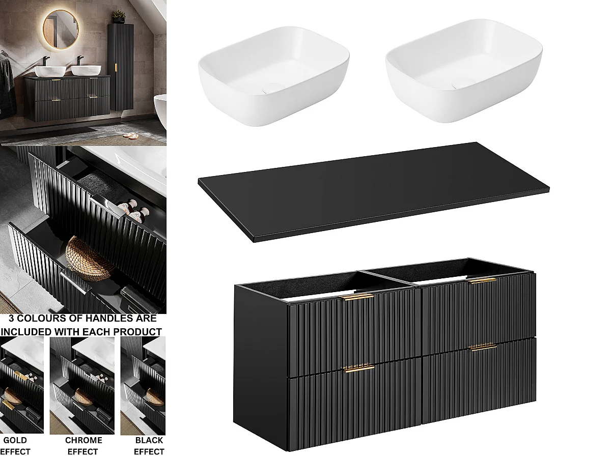 Bathroom Double Vanity Unit with Basins 1200mm Countertop Worktop Fluted Black Wall Hung Sink Cabinet Adel