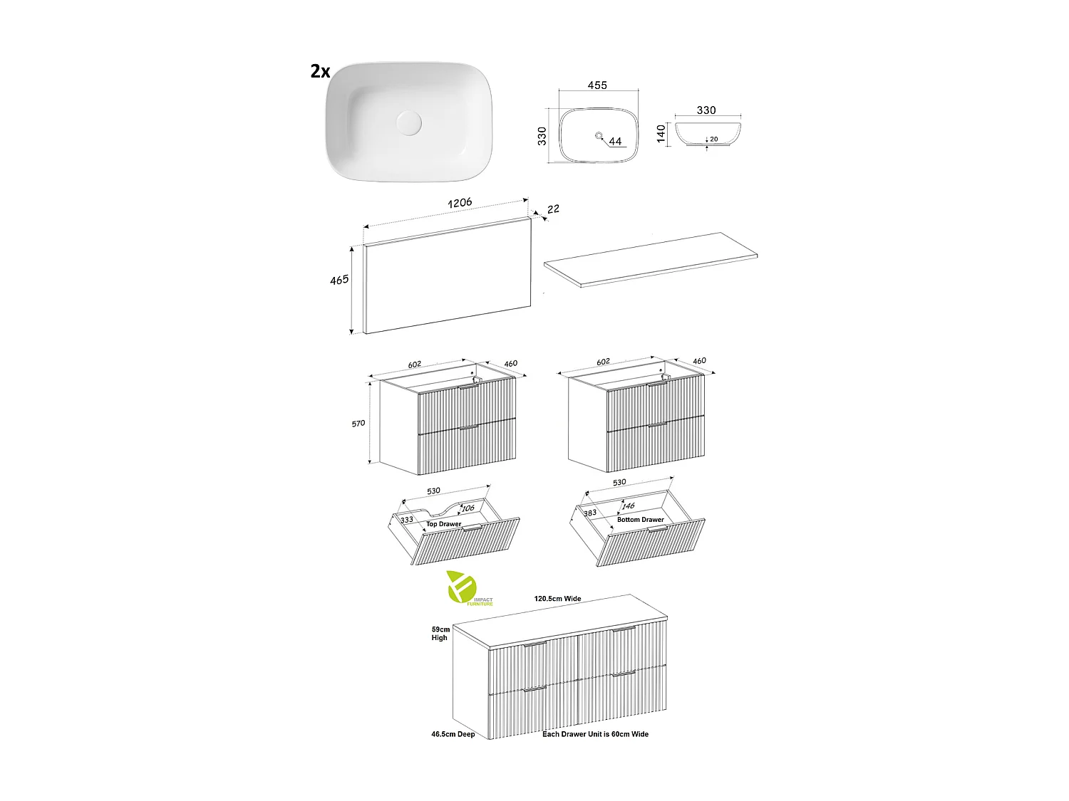 Bathroom Double Vanity Unit with Basins 1200mm Countertop Worktop Fluted Black Wall Hung Sink Cabinet Adel