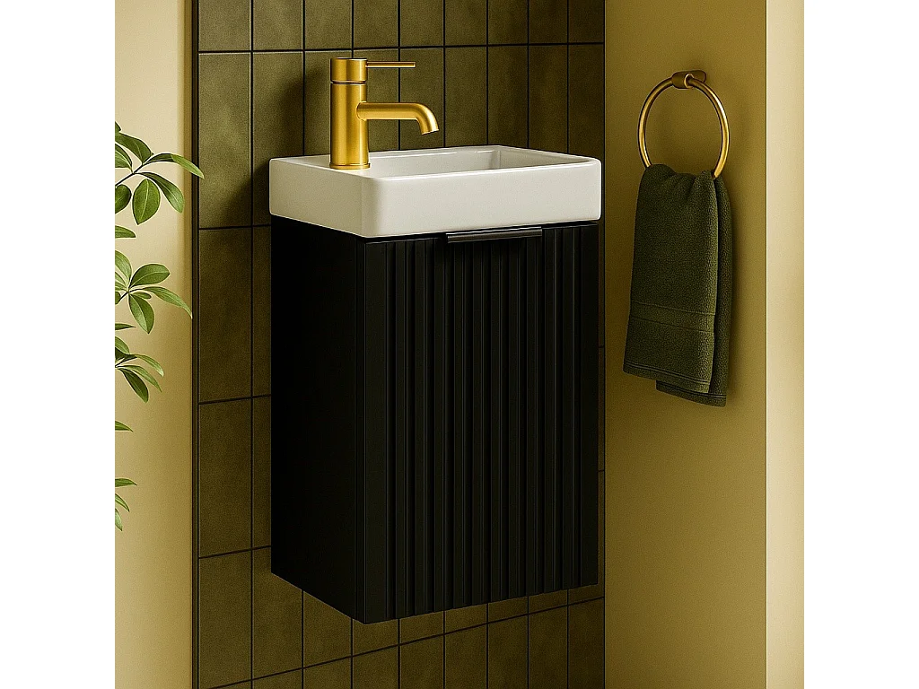 Cloakroom Vanity Unit with Basin 400mm Ribbed Black Modern Bathroom Wall Sink Cabinet Slimline Narrow Adel