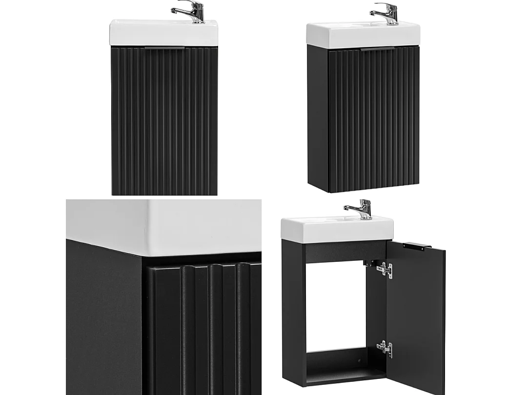 Cloakroom Vanity Unit with Basin 400mm Ribbed Black Modern Bathroom Wall Sink Cabinet Slimline Narrow Adel