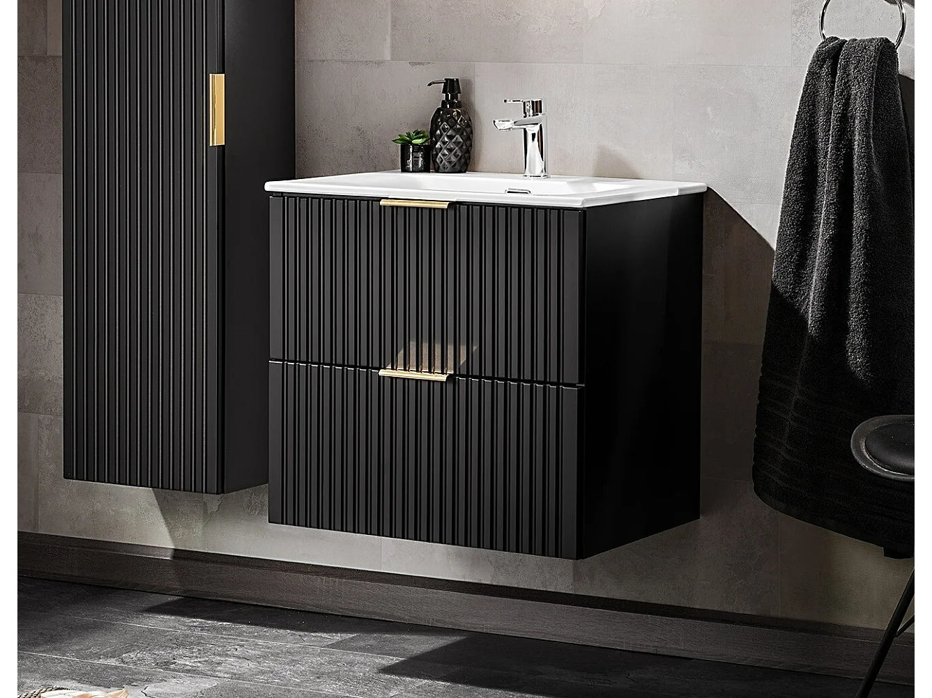 Bathroom Vanity Unit with Basin Black Wall Hung 600mm Drawer Cabinet with Sink Ribbed Fluted Adel