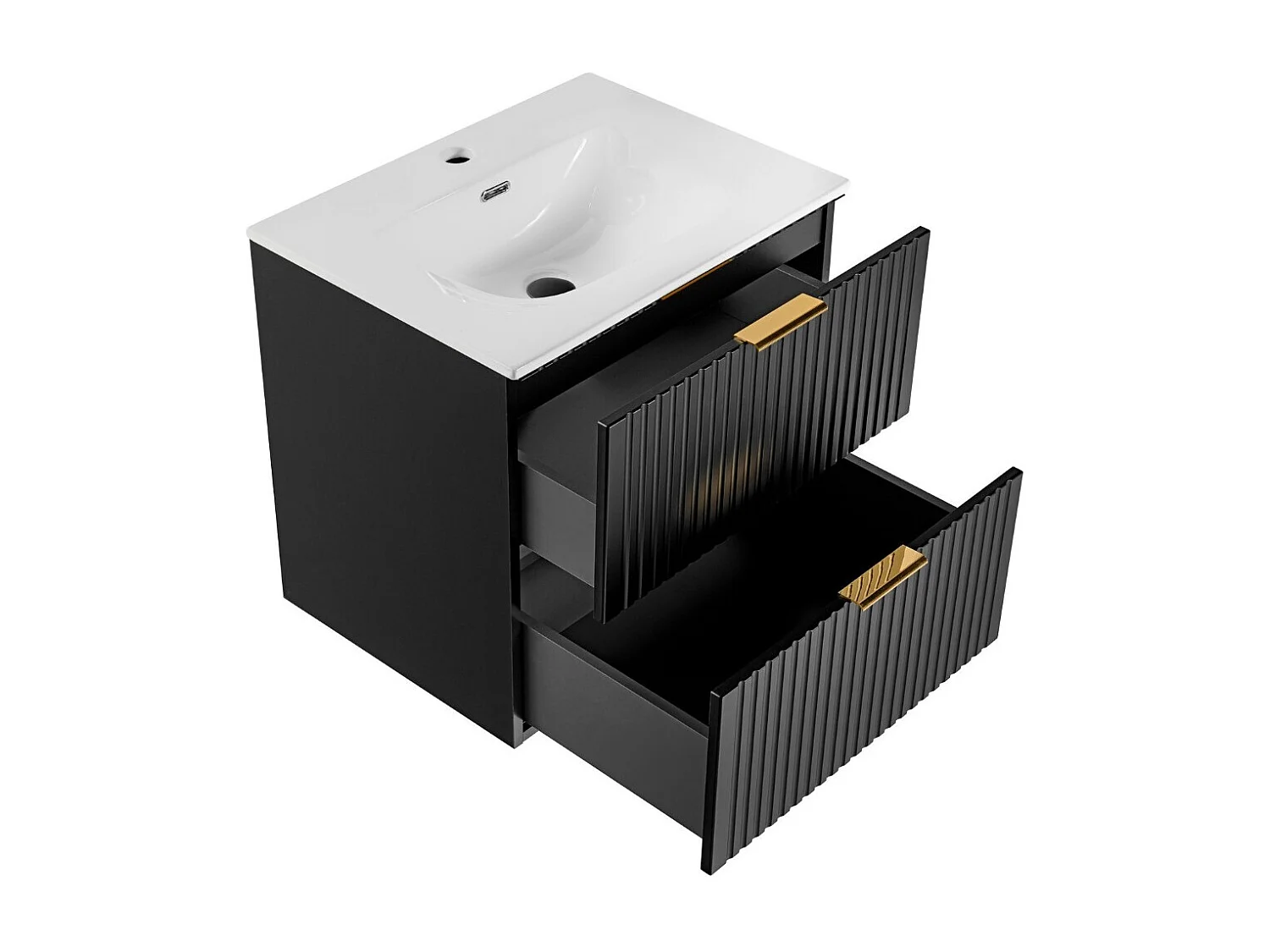 Bathroom Vanity Unit with Basin Black Wall Hung 600mm Drawer Cabinet with Sink Ribbed Fluted Adel