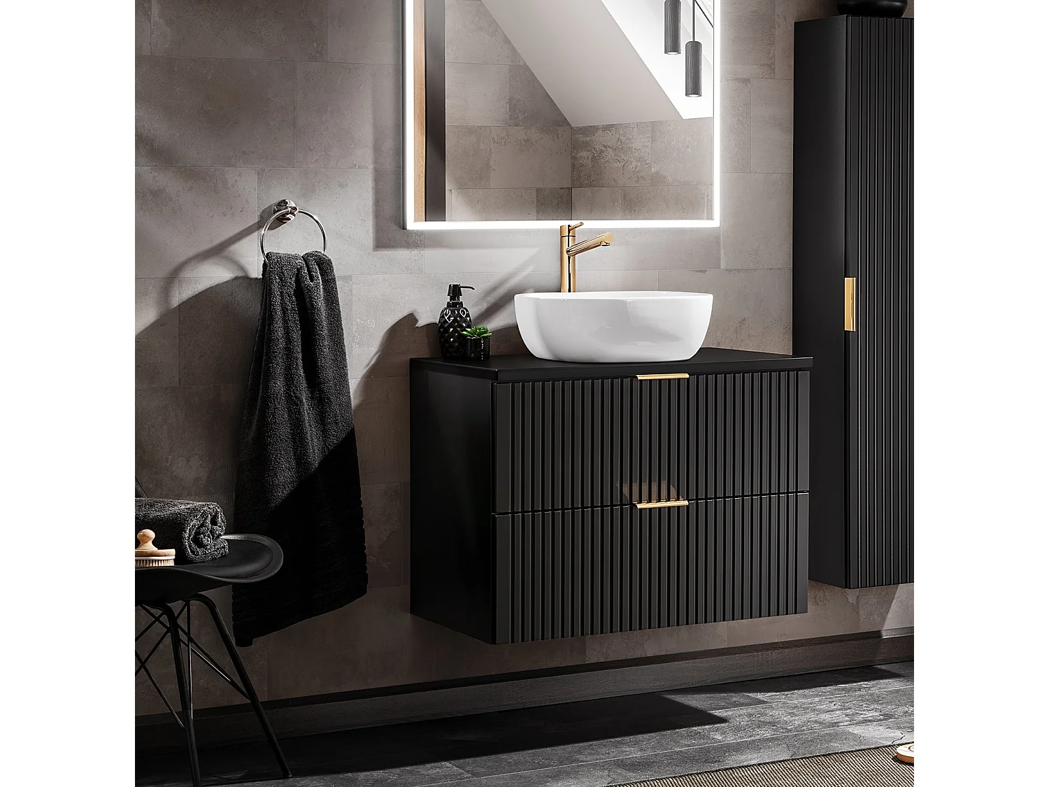 Vanity Wall Hung Unit with Basin 800mm Black Countertop Worktop Bathroom Drawer Cabinet Ribbed Fluted Adel