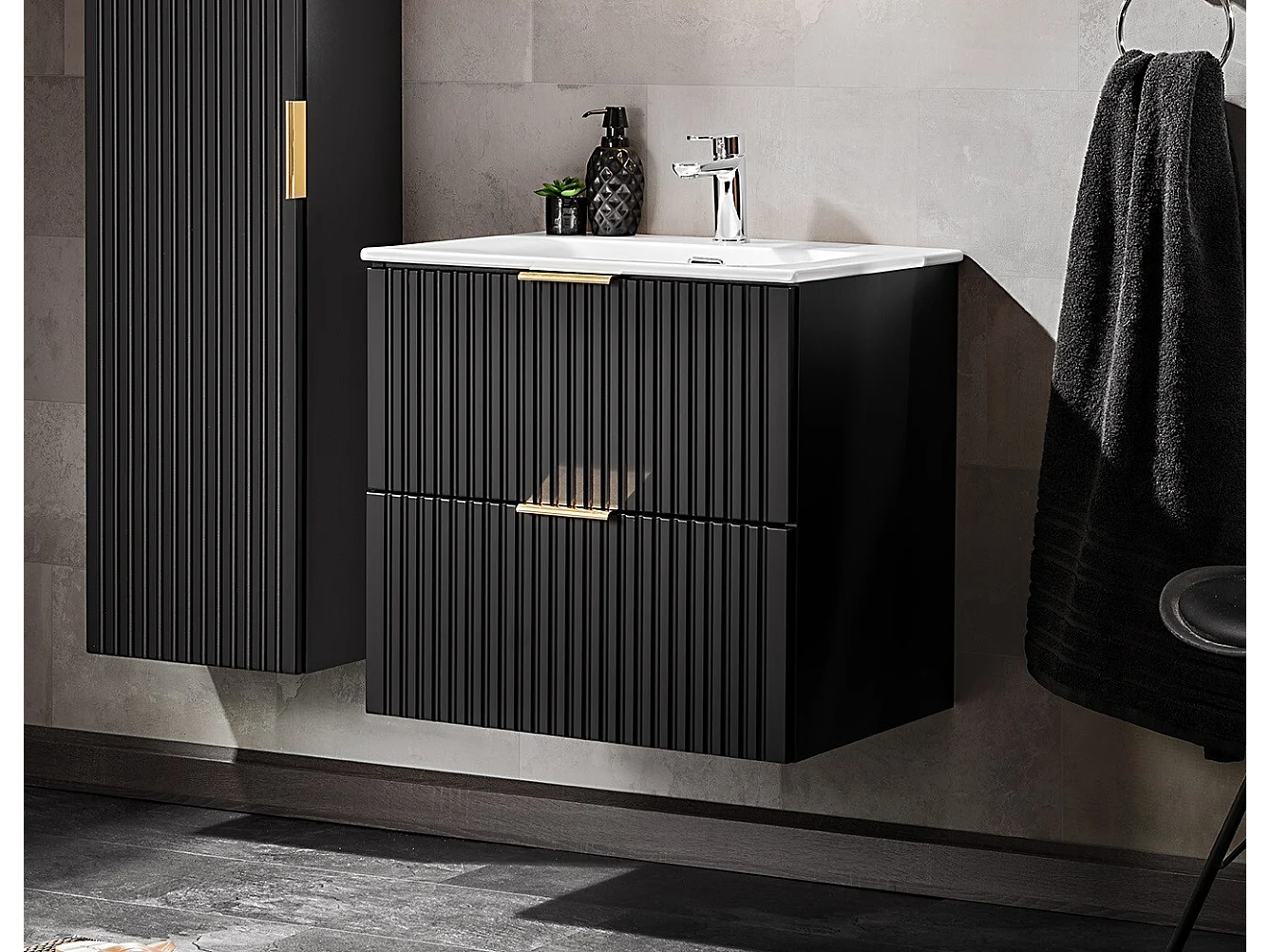 Bathroom Vanity Unit with Basin Wall Hung Black 800mm Drawer Cabinet with Sink Ribbed Fluted Adel