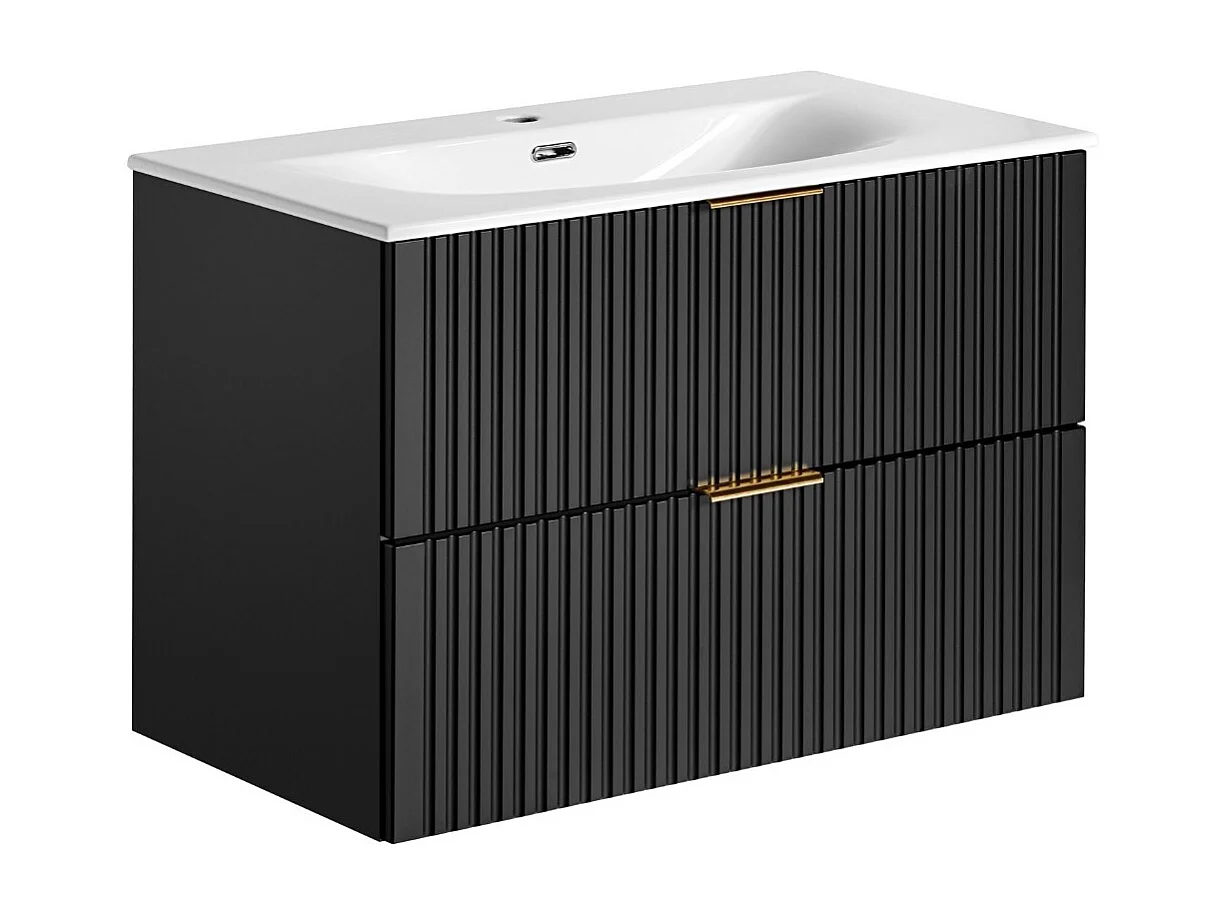 Bathroom Vanity Unit with Basin Wall Hung Black 800mm Drawer Cabinet with Sink Ribbed Fluted Adel