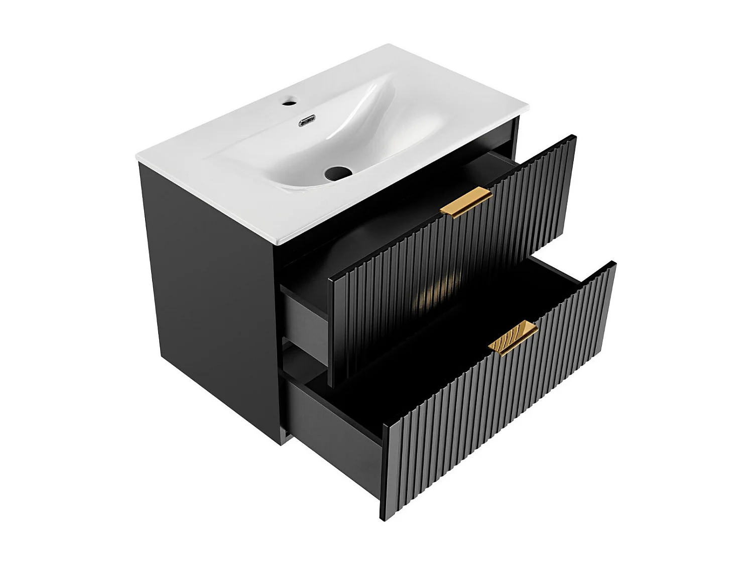 Bathroom Vanity Unit with Basin Wall Hung Black 800mm Drawer Cabinet with Sink Ribbed Fluted Adel