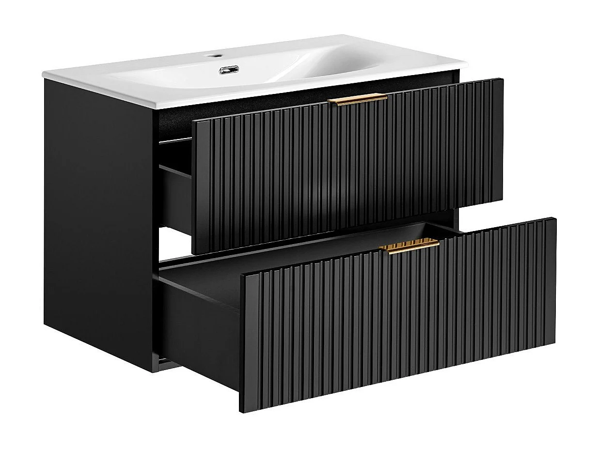 Bathroom Vanity Unit with Basin Wall Hung Black 800mm Drawer Cabinet with Sink Ribbed Fluted Adel