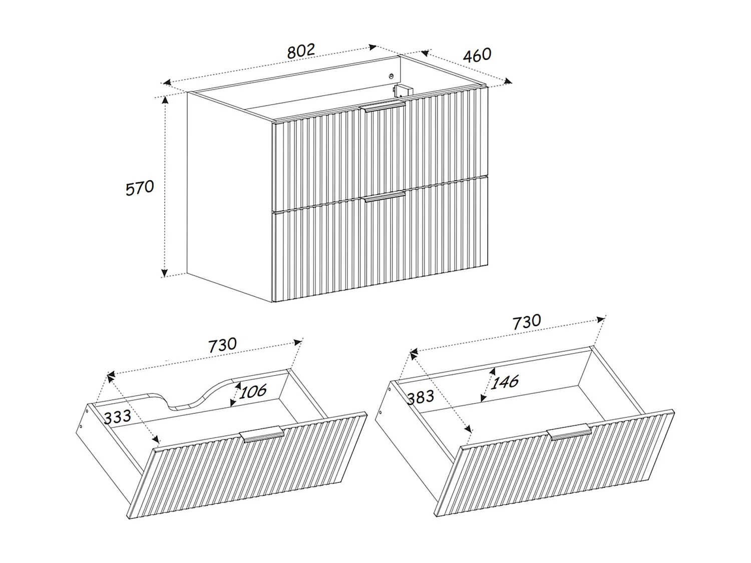 Bathroom Vanity Unit with Basin Wall Hung Black 800mm Drawer Cabinet with Sink Ribbed Fluted Adel