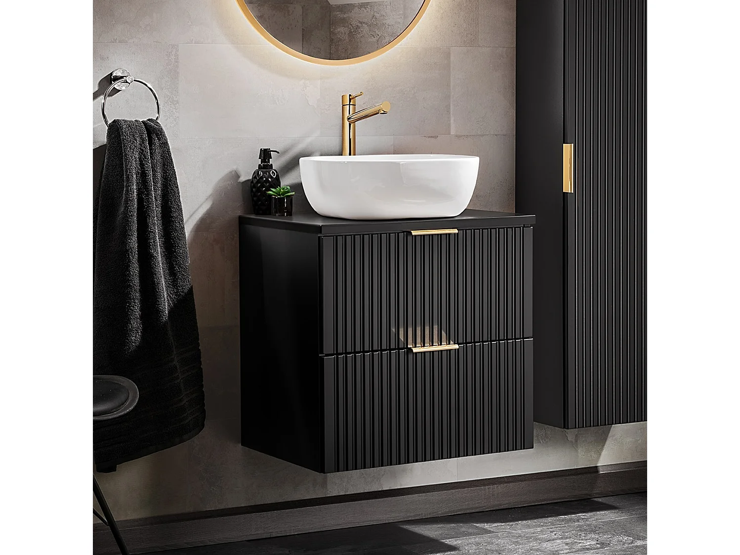 Wall Hung Vanity Unit with Basin 600mm Worktop Black Bathroom Drawers Cabinet Ribbed Fluted Floating Adel