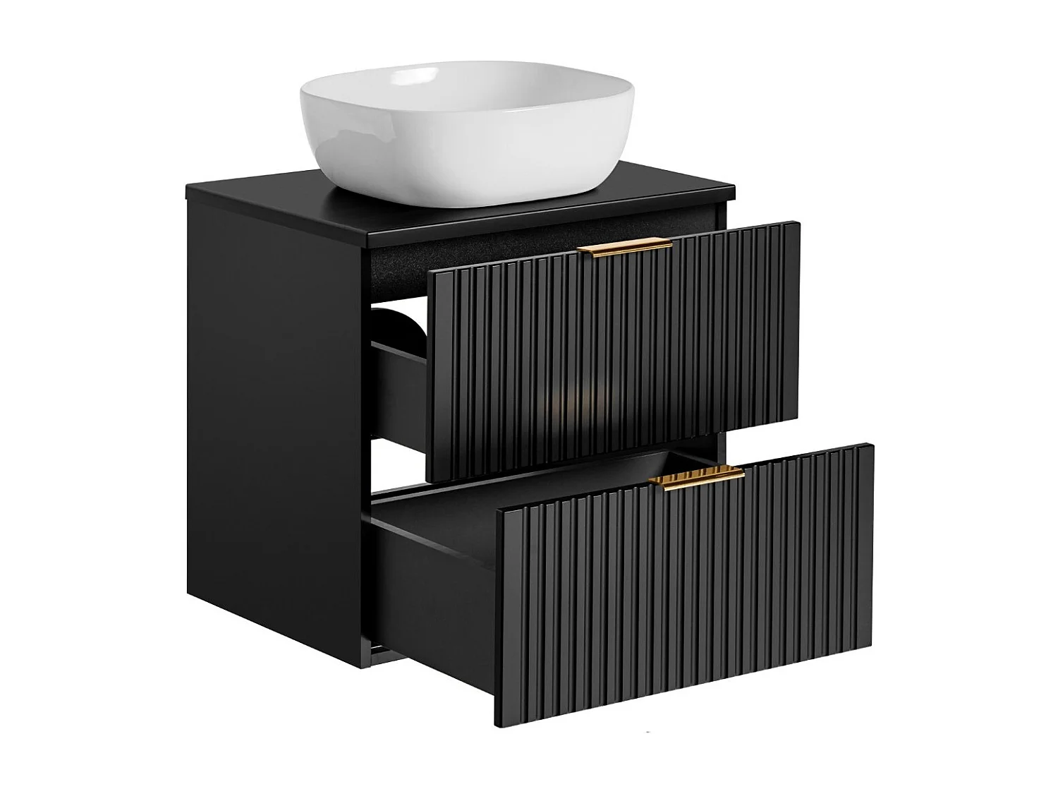 Wall Hung Vanity Unit with Basin 600mm Worktop Black Bathroom Drawers Cabinet Ribbed Fluted Floating Adel