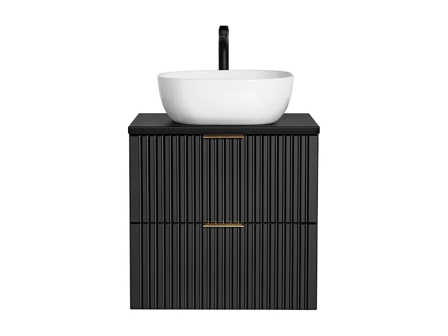Wall Hung Vanity Unit with Basin 600mm Worktop Black Bathroom Drawers Cabinet Ribbed Fluted Floating Adel