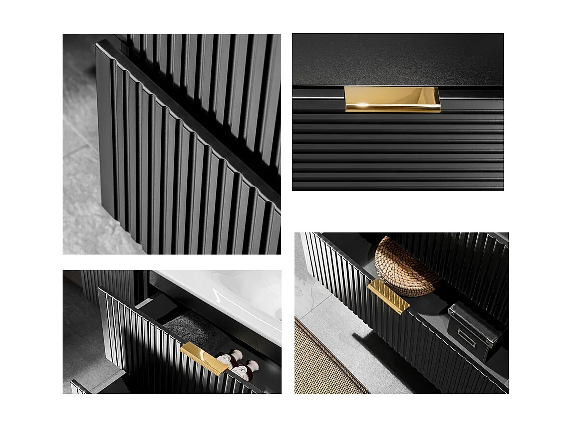 Wall Hung Vanity Unit with Basin 600mm Worktop Black Bathroom Drawers Cabinet Ribbed Fluted Floating Adel