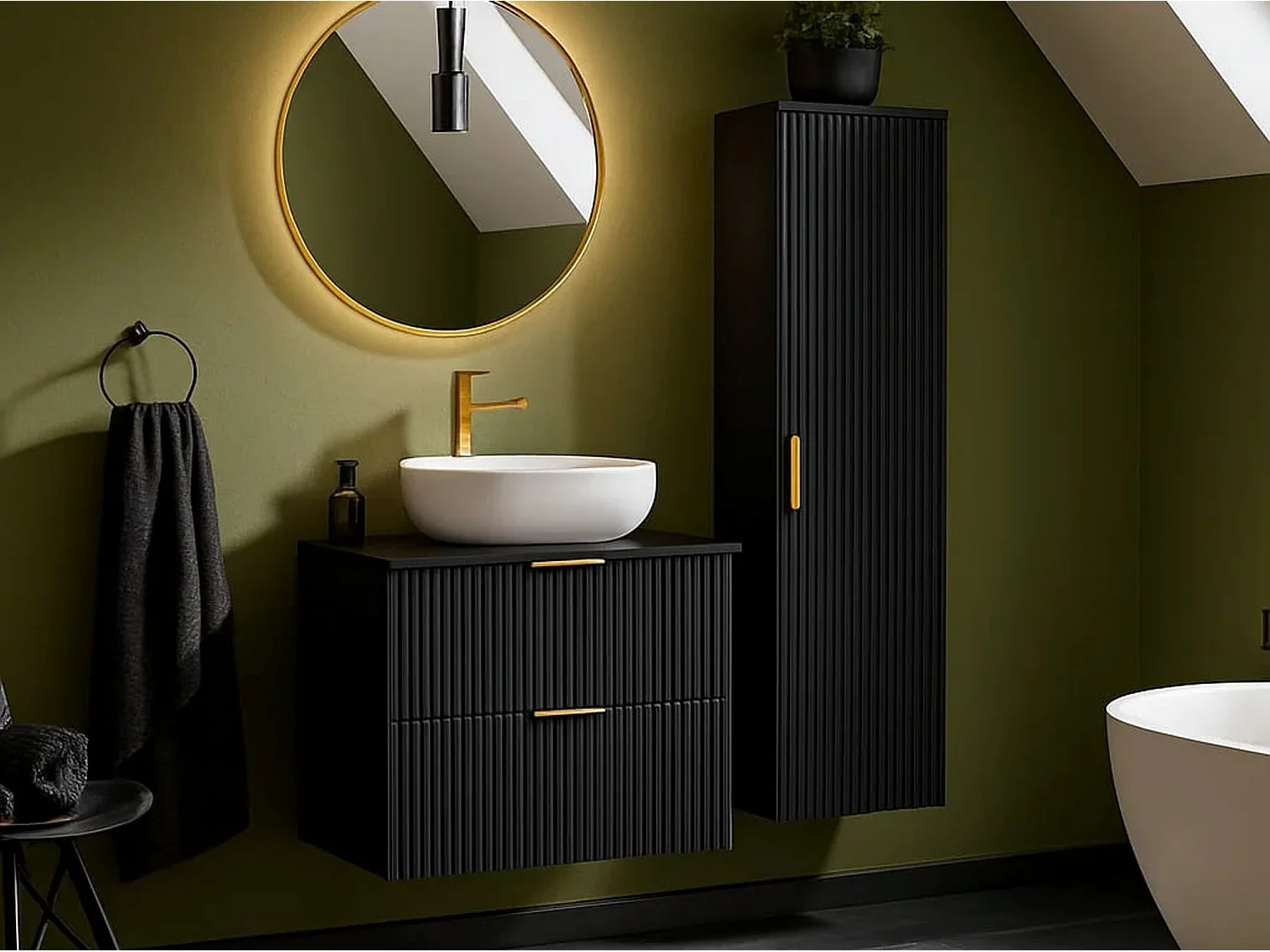 Wall Hung Vanity Unit with Basin 600mm Worktop Black Bathroom Drawers Cabinet Ribbed Fluted Floating Adel