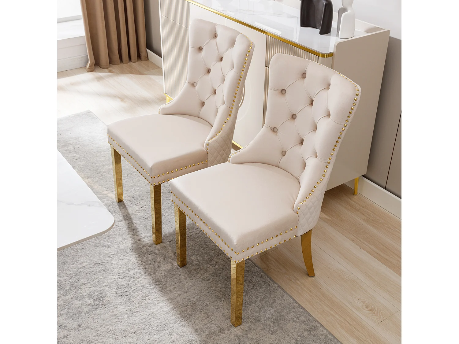 Lot de 2 Chaises de Salle à Manger, Dossier avec Poignée et Anneaux, Pieds Dorés, Assise en Velours Beige et Or, Chic et Moderne