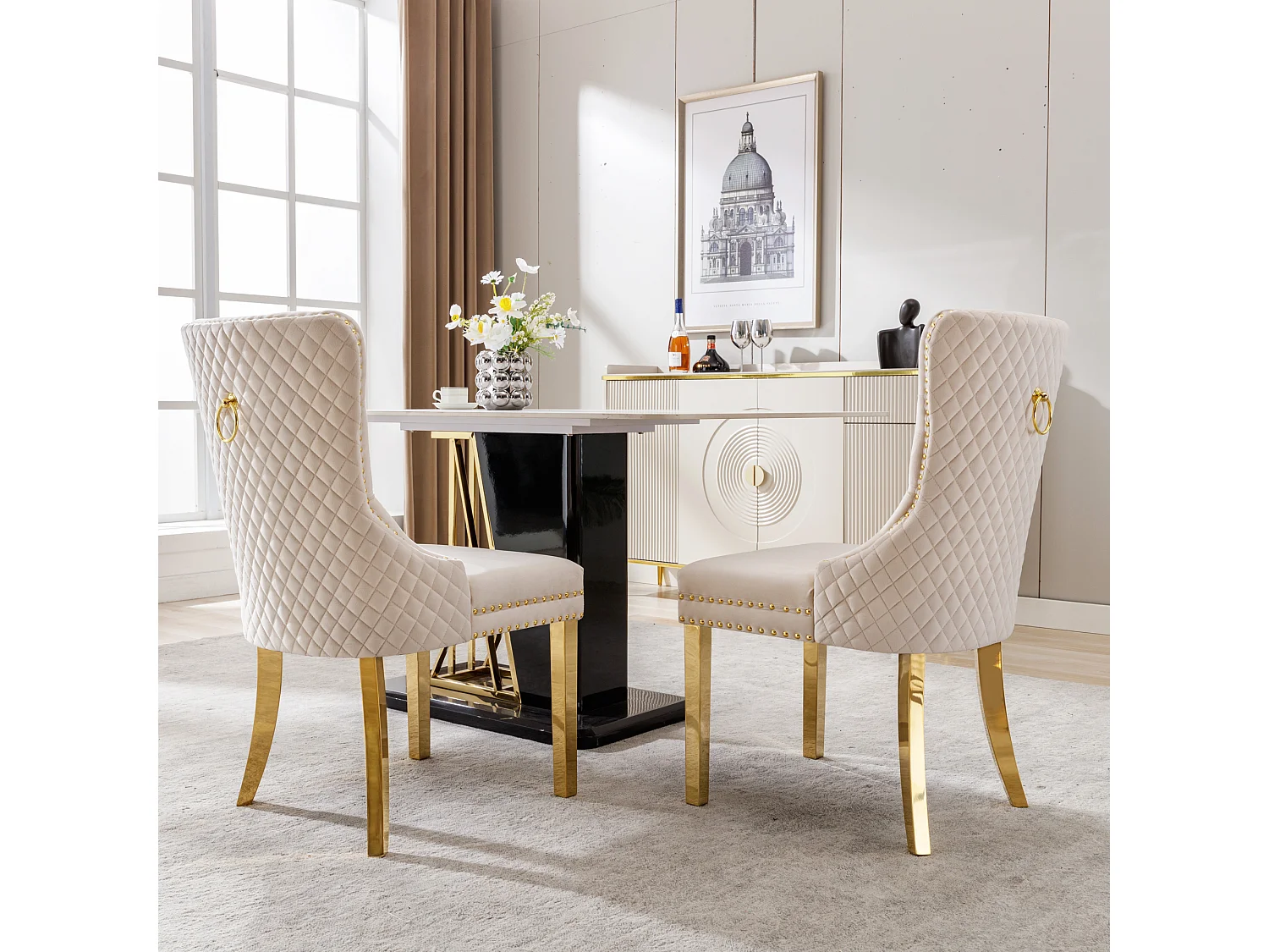 Lot de 2 Chaises de Salle à Manger, Dossier avec Poignée et Anneaux, Pieds Dorés, Assise en Velours Beige et Or, Chic et Moderne
