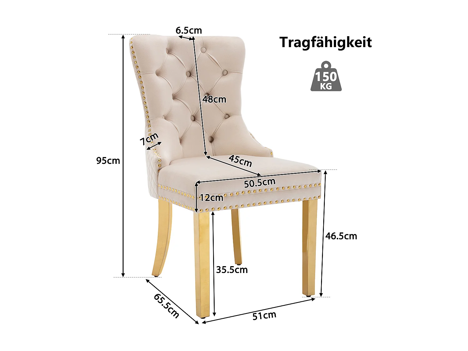 Lot de 2 Chaises de Salle à Manger, Dossier avec Poignée et Anneaux, Pieds Dorés, Assise en Velours Beige et Or, Chic et Moderne