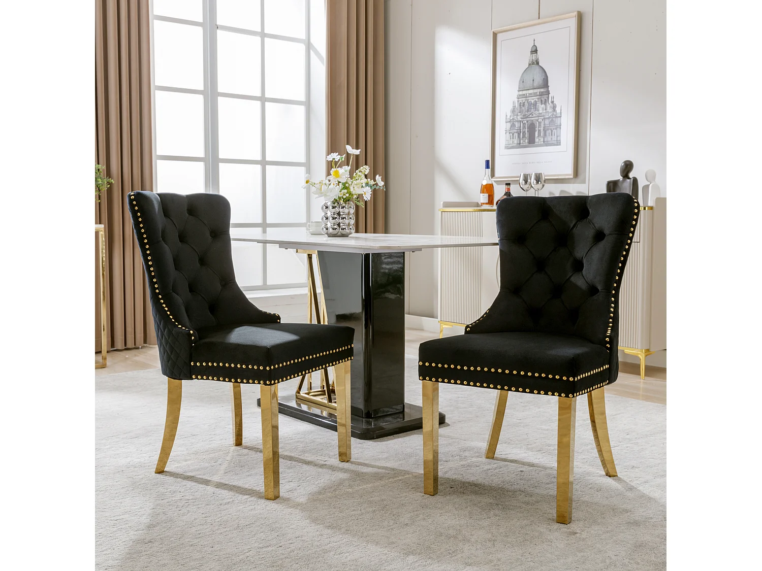 Lot de 2 Chaises de Salle à Manger, Dossier Rond avec Anneaux, Pieds en Métal Doré, Assise en Velours Noir et Or, Confort Premium