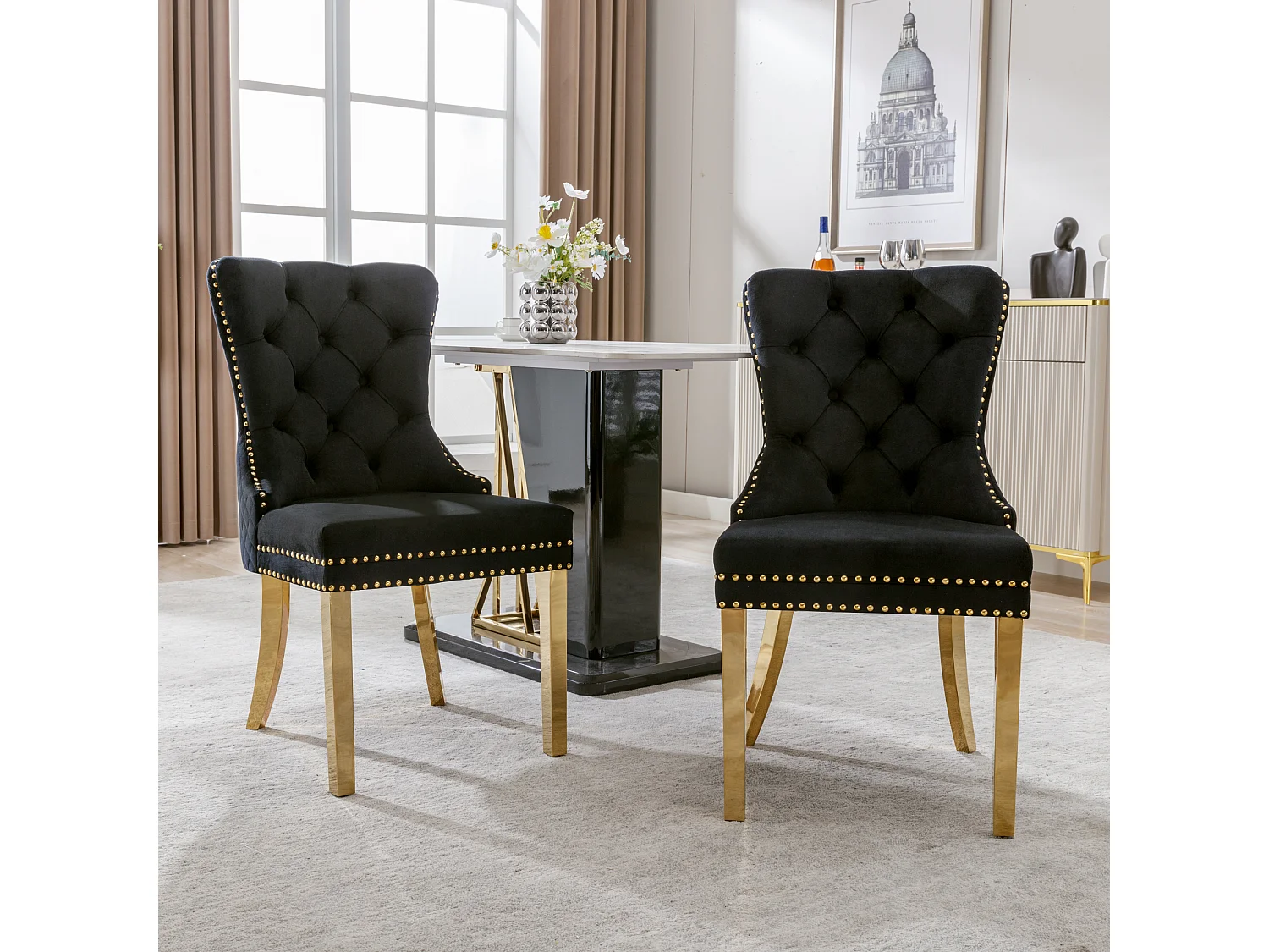 Lot de 2 Chaises de Salle à Manger, Dossier Rond avec Anneaux, Pieds en Métal Doré, Assise en Velours Noir et Or, Confort Premium