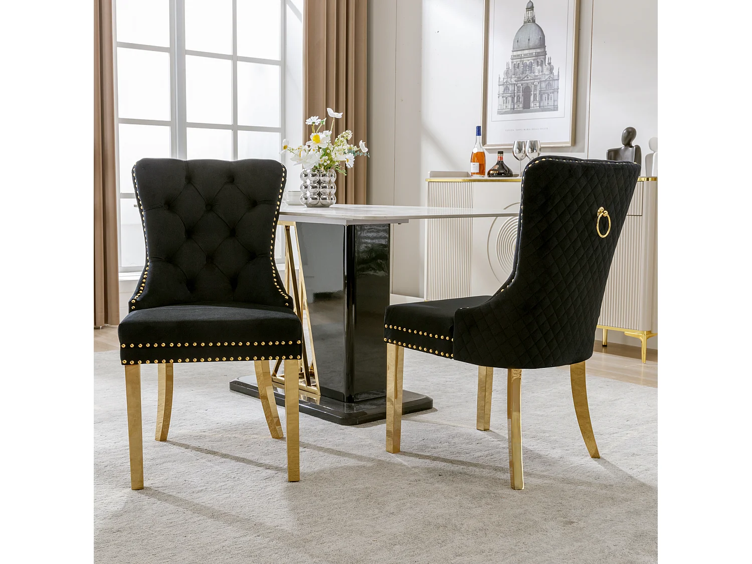 Lot de 2 Chaises de Salle à Manger, Dossier Rond avec Anneaux, Pieds en Métal Doré, Assise en Velours Noir et Or, Confort Premium