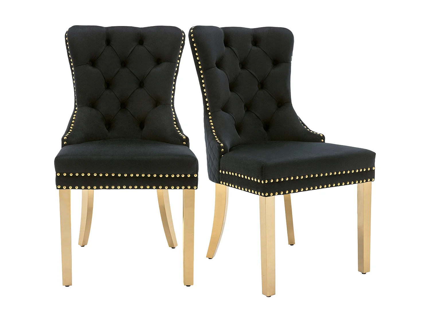 Lot de 2 Chaises de Salle à Manger, Dossier Rond avec Anneaux, Pieds en Métal Doré, Assise en Velours Noir et Or, Confort Premium