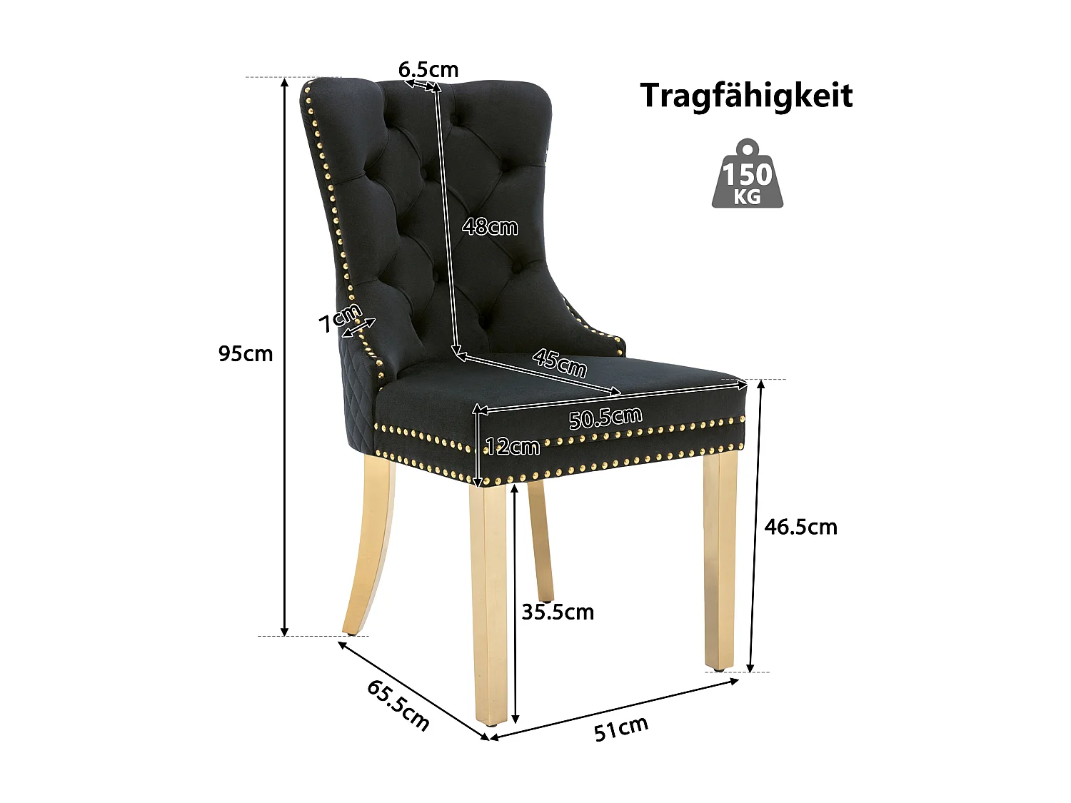 Lot de 2 Chaises de Salle à Manger, Dossier Rond avec Anneaux, Pieds en Métal Doré, Assise en Velours Noir et Or, Confort Premium