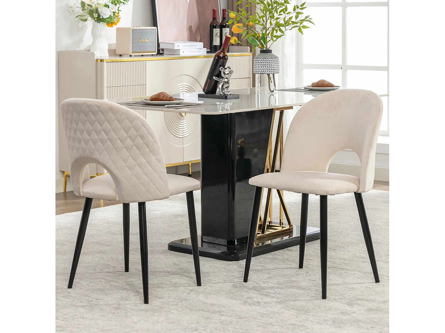 Lot de 2 Chaises de Salle à Manger, Dossier avec Accoudoirs, Assise en Velours, Pieds Métal, Beige, Pieds Réglables