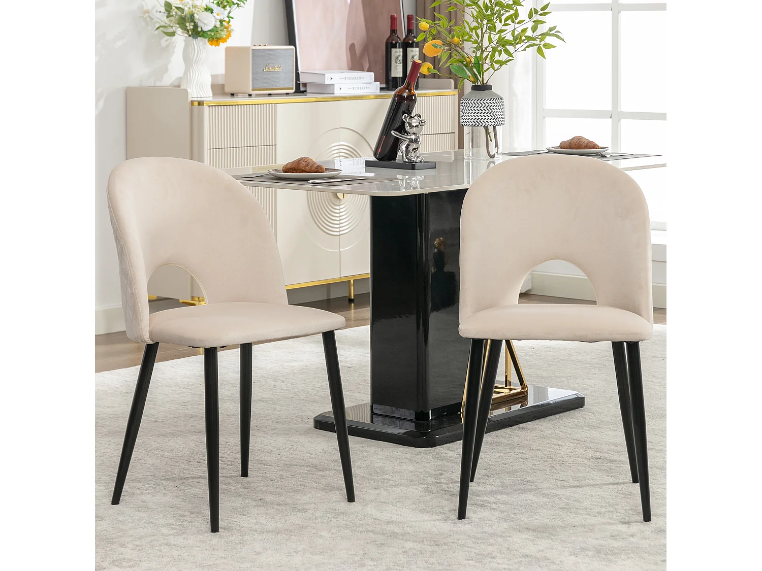 Lot de 2 Chaises de Salle à Manger, Dossier avec Accoudoirs, Assise en Velours, Pieds Métal, Beige, Pieds Réglables