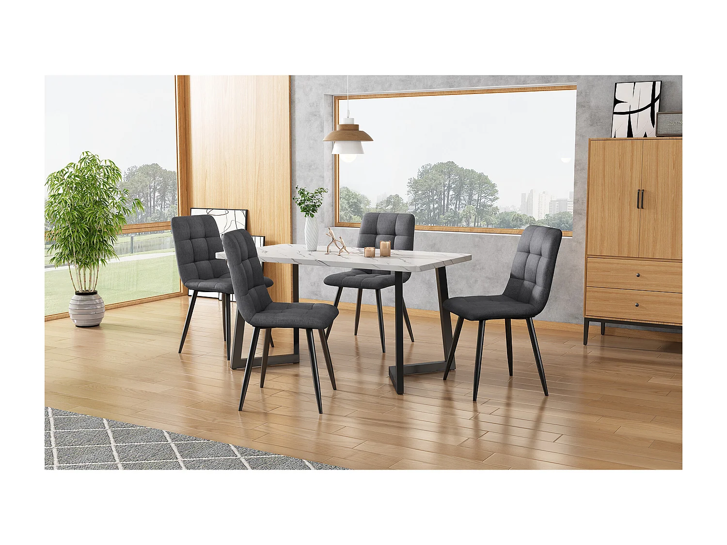 Lot de 4 Chaises de Salle à Manger, Assise en Lin, Dossier avec Accoudoirs, Pieds Métal Gris Foncé, Confort Classique