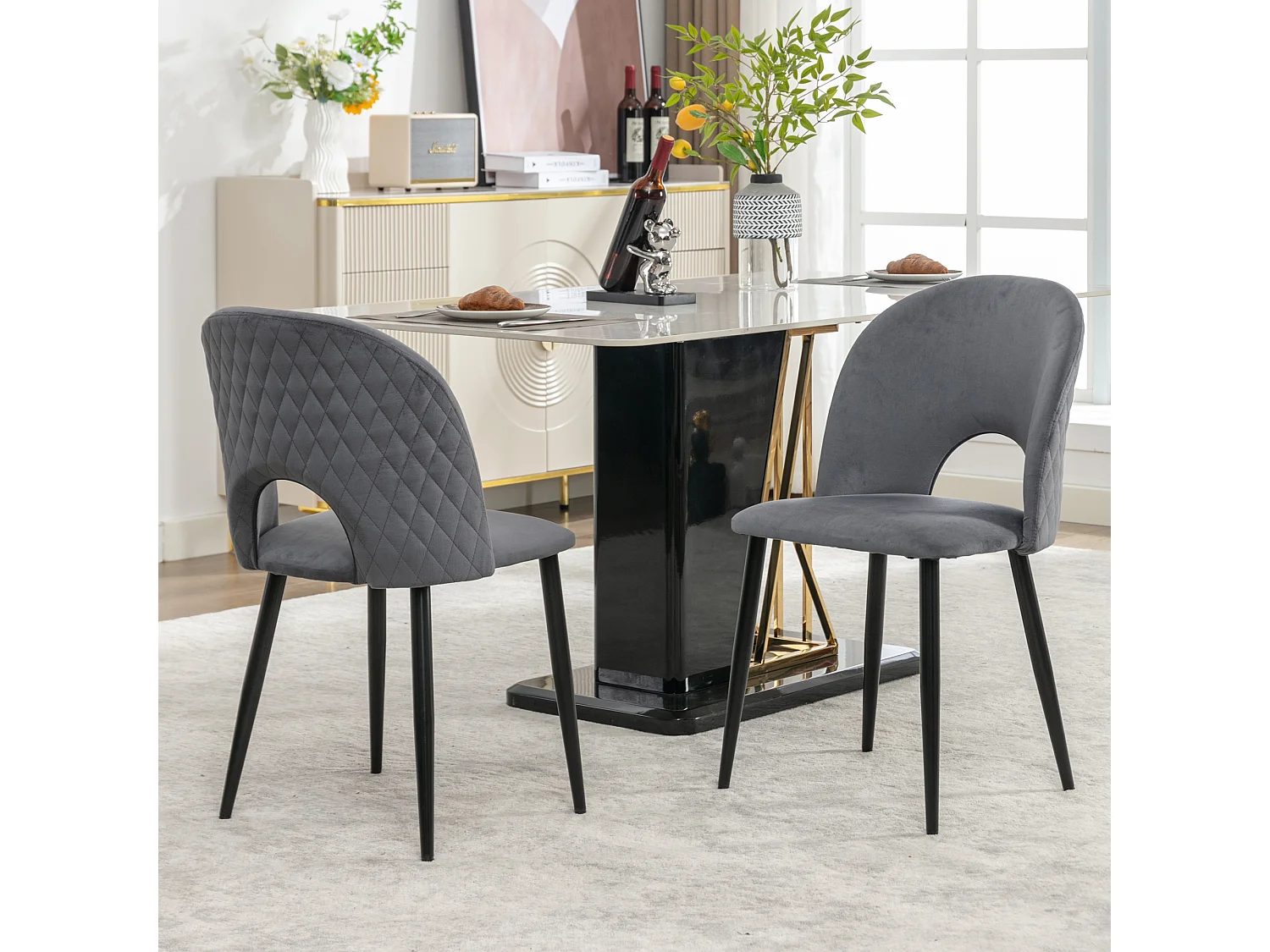 Lot de 2 Chaises de Salle à Manger, Dossier avec Accoudoirs, Assise en Velours, Pieds Métal, Gris, Pieds Réglables