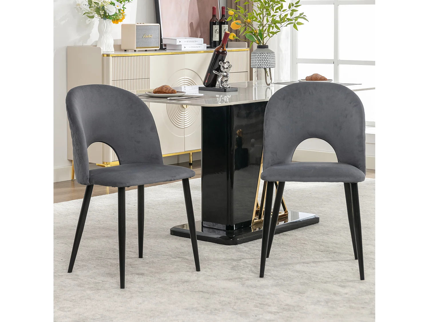 Lot de 2 Chaises de Salle à Manger, Dossier avec Accoudoirs, Assise en Velours, Pieds Métal, Gris, Pieds Réglables