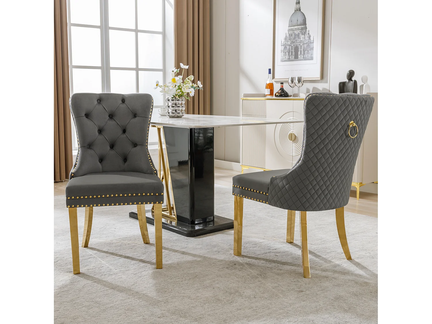 Lot de 2 Chaises de Salle à Manger, Dossier Rond avec Anneaux, Pieds en Métal Doré, Assise en Velours Gris et Or, Style Élégant