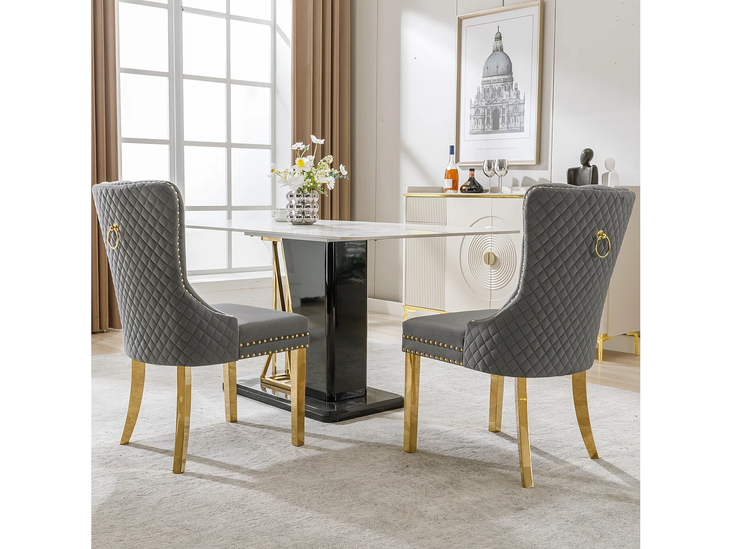 Lot de 2 Chaises de Salle à Manger, Dossier Rond avec Anneaux, Pieds en Métal Doré, Assise en Velours Gris et Or, Style Élégant