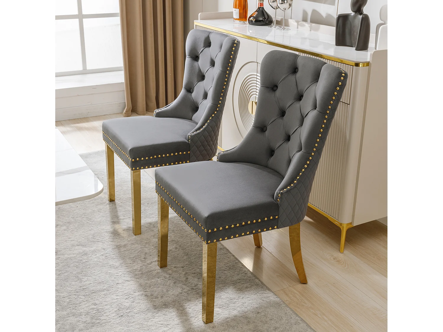 Lot de 2 Chaises de Salle à Manger, Dossier Rond avec Anneaux, Pieds en Métal Doré, Assise en Velours Gris et Or, Style Élégant