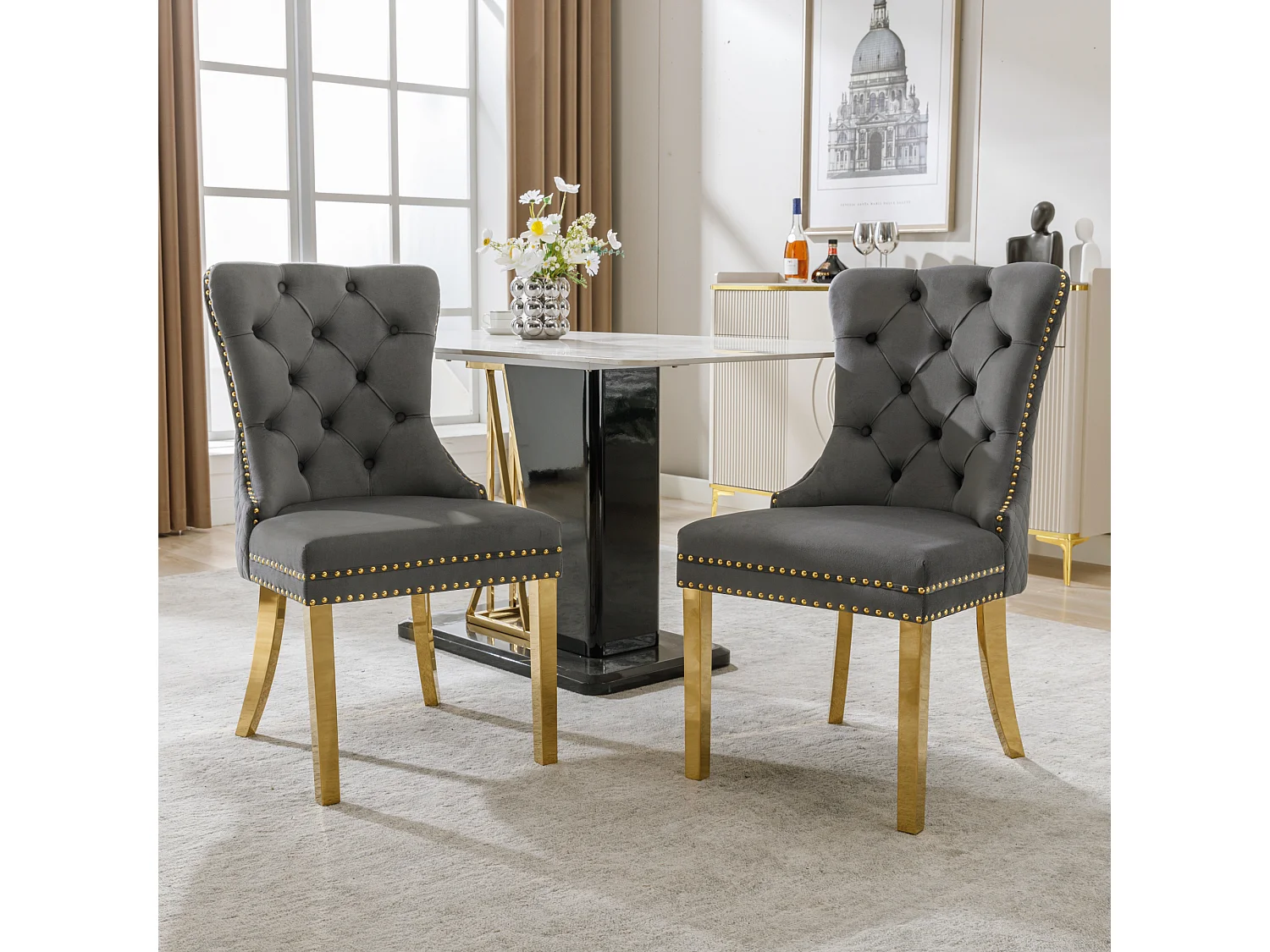 Lot de 2 Chaises de Salle à Manger, Dossier Rond avec Anneaux, Pieds en Métal Doré, Assise en Velours Gris et Or, Style Élégant