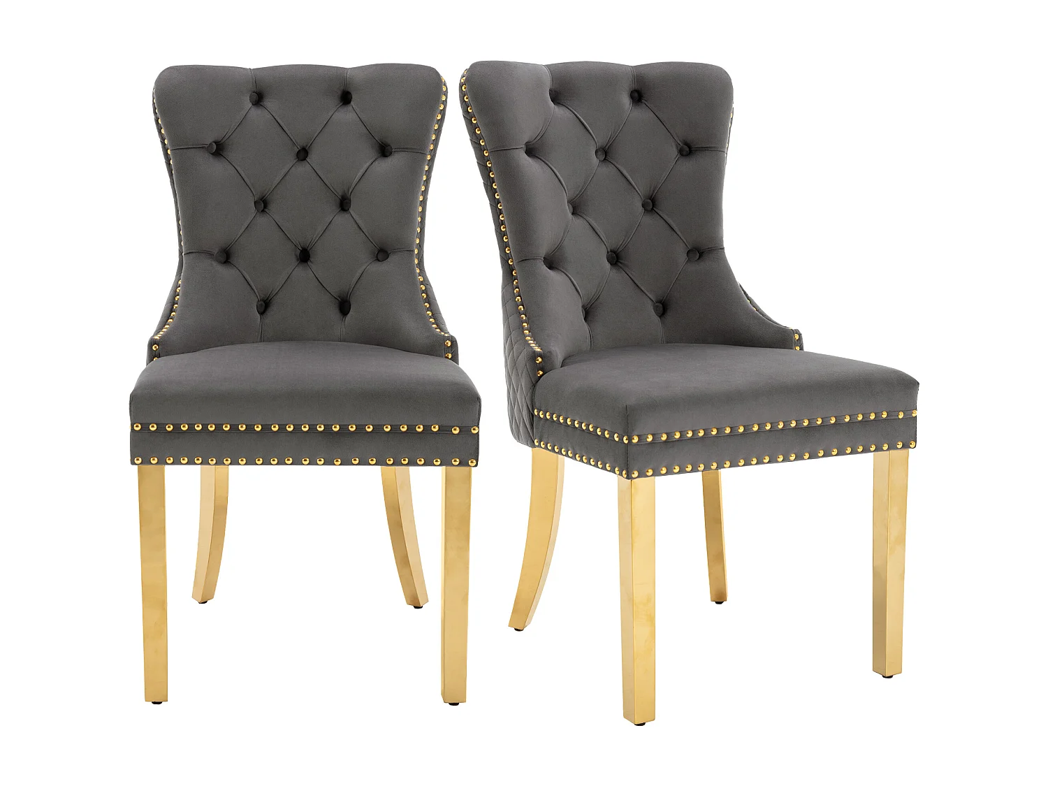 Lot de 2 Chaises de Salle à Manger, Dossier Rond avec Anneaux, Pieds en Métal Doré, Assise en Velours Gris et Or, Style Élégant