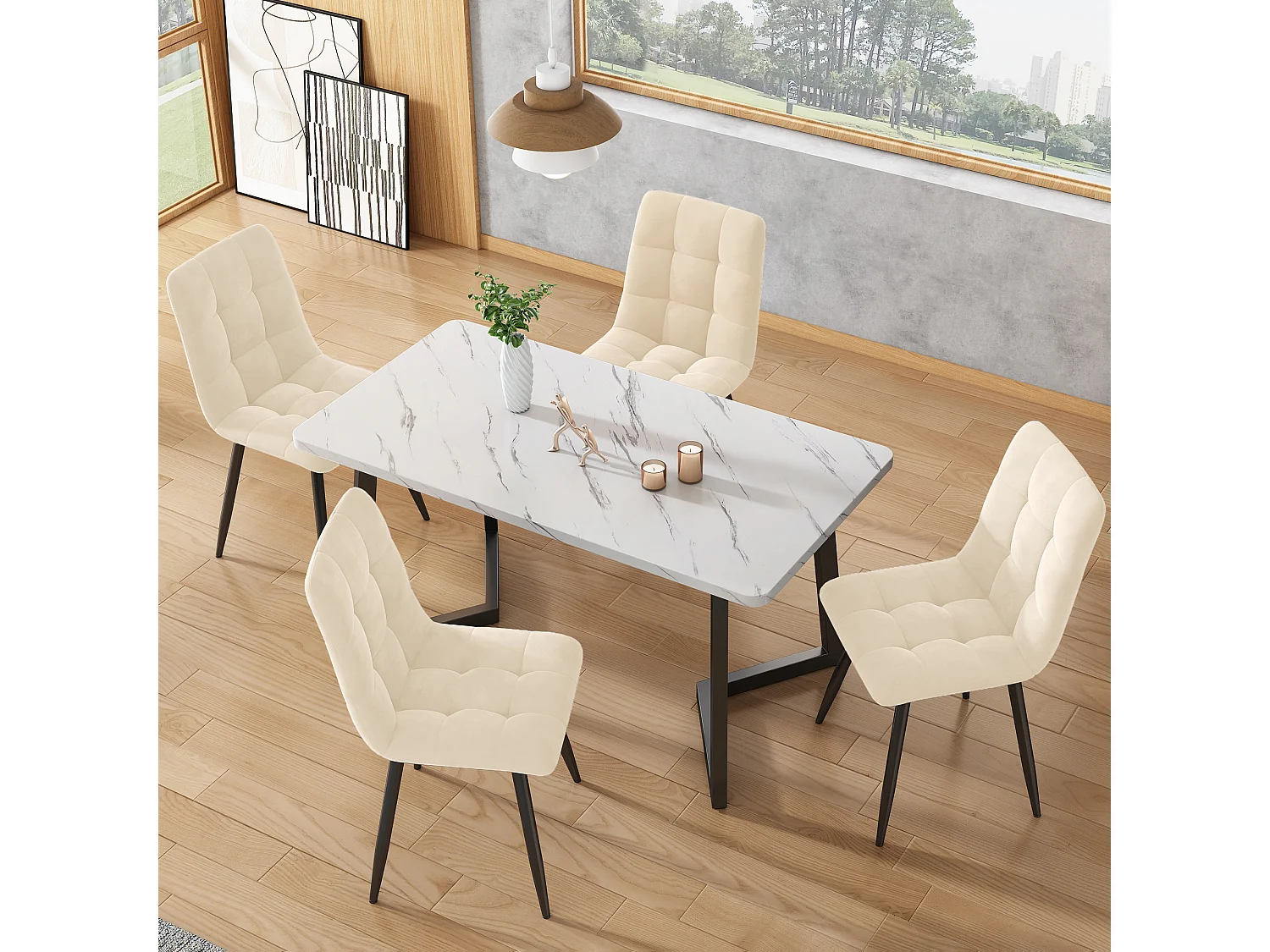 Lot de 4 Chaises de Salle à Manger, Assise en Velours, Dossier avec Accoudoirs, Pieds en Métal, Beige